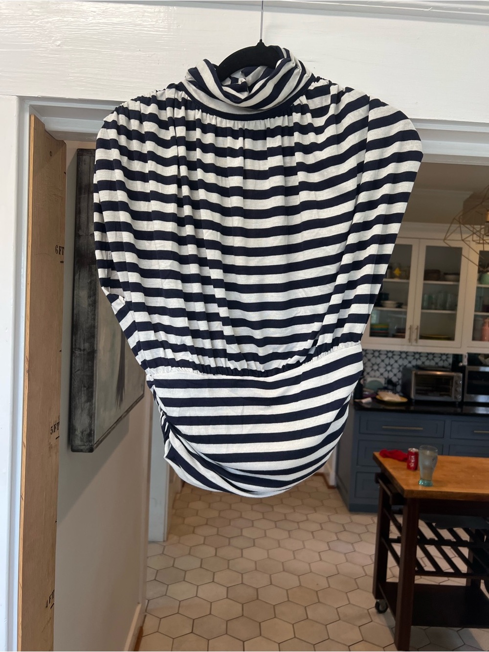 Anthropologie Navy and White Striped Sleeveless Turtleneck Tank